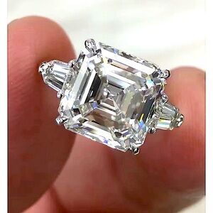 NWT 5Ct‎ Asscher Cut Platinum Plated S925 Synthetic Diamond Ring, Size 10